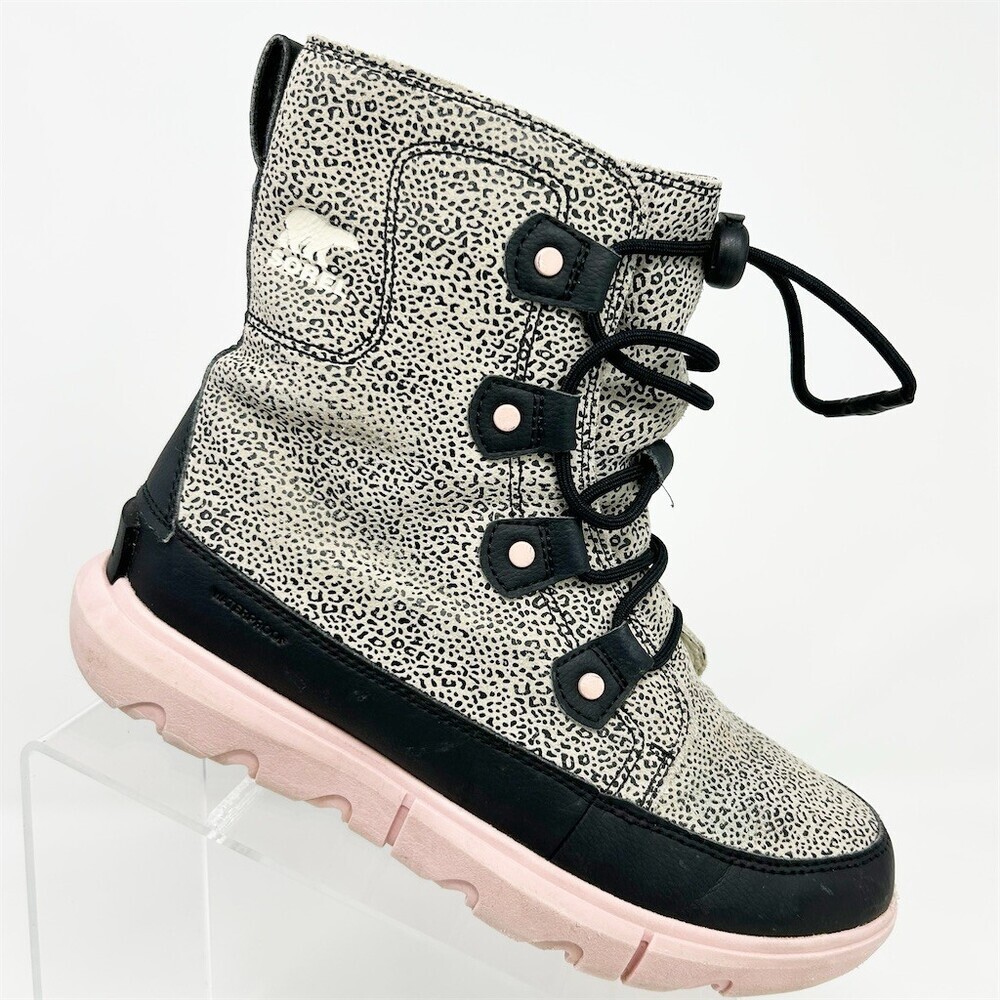 SOREL Explorer Lace Waterproof Winter Snow Boots Girls Speckled Gray Black Pink